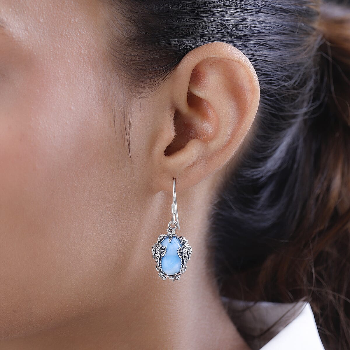 Artisan Crafted Larimar Solitaire Earringa in Sterling Silver 14.10 ctw image number 2