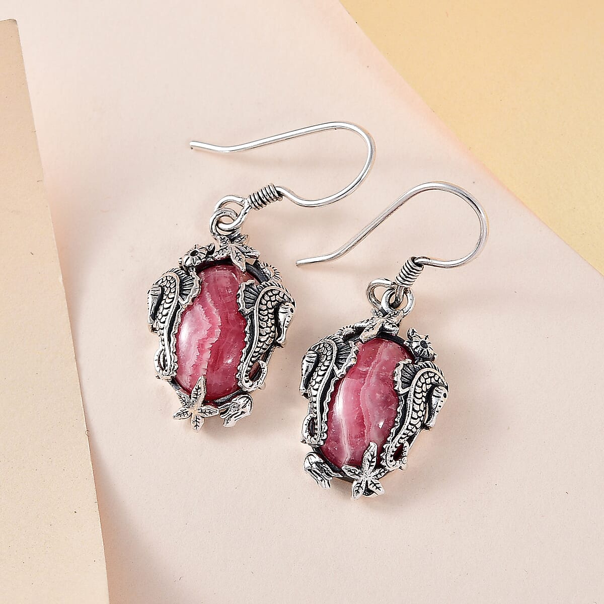 Artisan Crafted Argentinian Rhodochrosite Solitaire Earrings in Sterling Silver 16.15 ctw image number 1