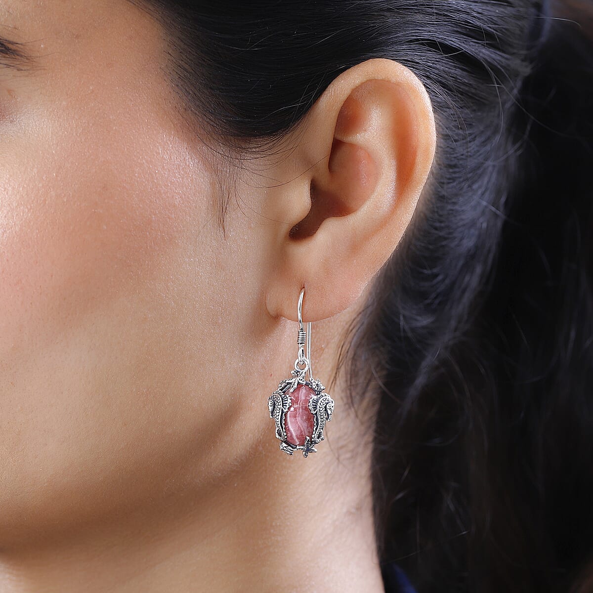 Artisan Crafted Argentinian Rhodochrosite Solitaire Earrings in Sterling Silver 16.15 ctw image number 2