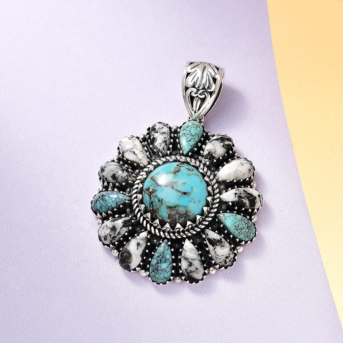 Artisan Crafted Blue Moon Turquoise and White Buffalo Floral Pendant in Sterling Silver 15.50 ctw image number 1
