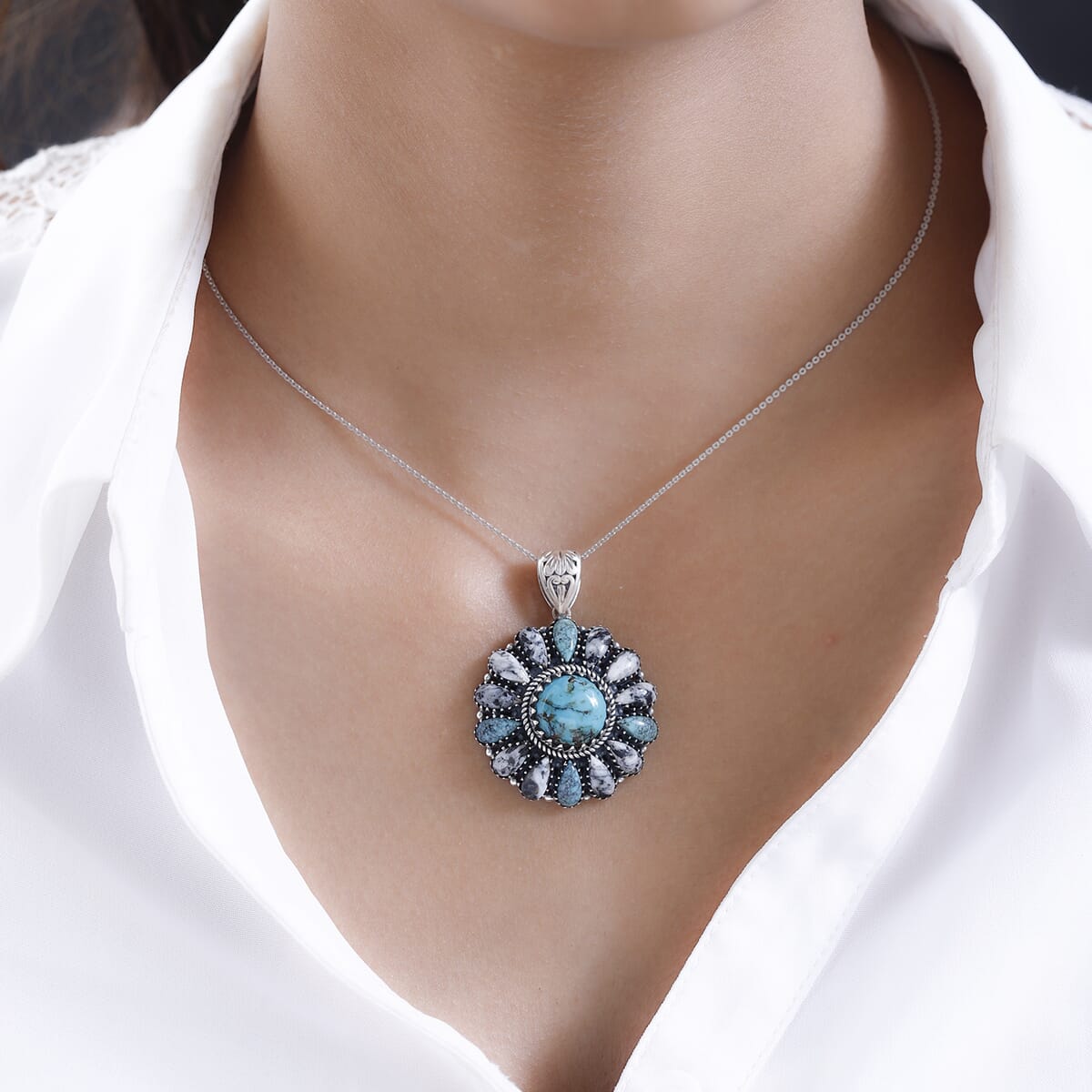 Artisan Crafted Blue Moon Turquoise and White Buffalo Floral Pendant in Sterling Silver 15.50 ctw image number 2