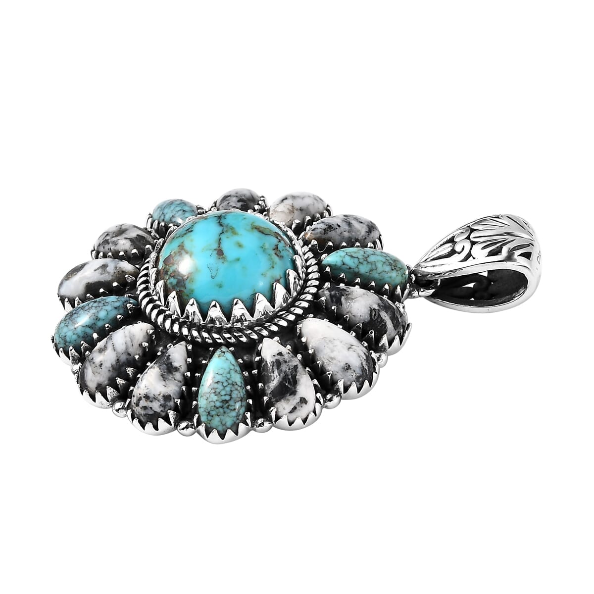 Artisan Crafted Blue Moon Turquoise and White Buffalo Floral Pendant in Sterling Silver 15.50 ctw image number 3