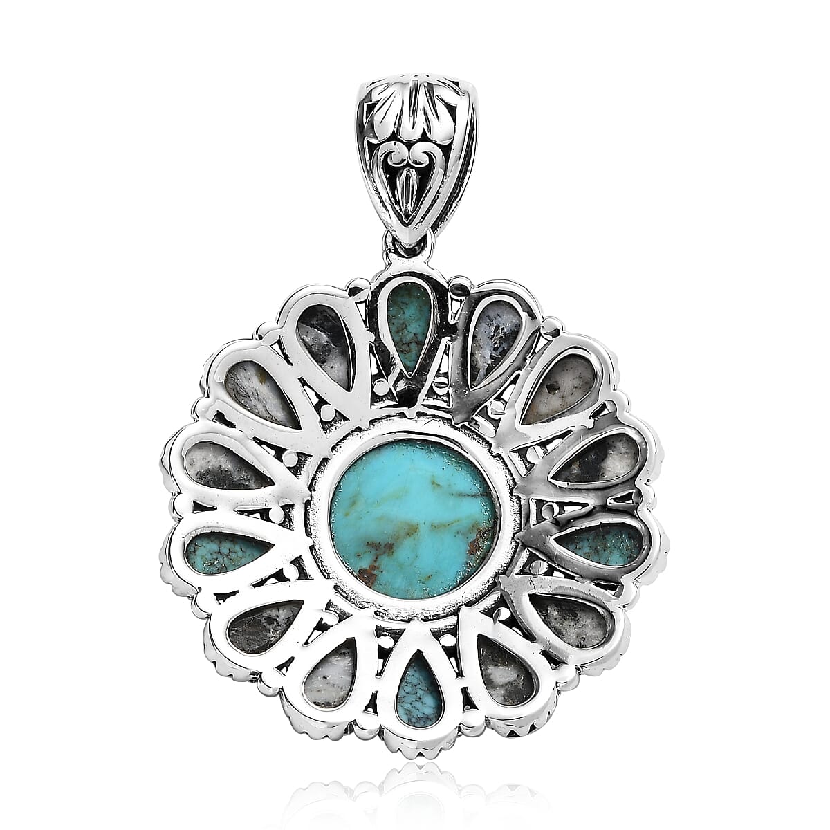 Artisan Crafted Blue Moon Turquoise and White Buffalo Floral Pendant in Sterling Silver 15.50 ctw