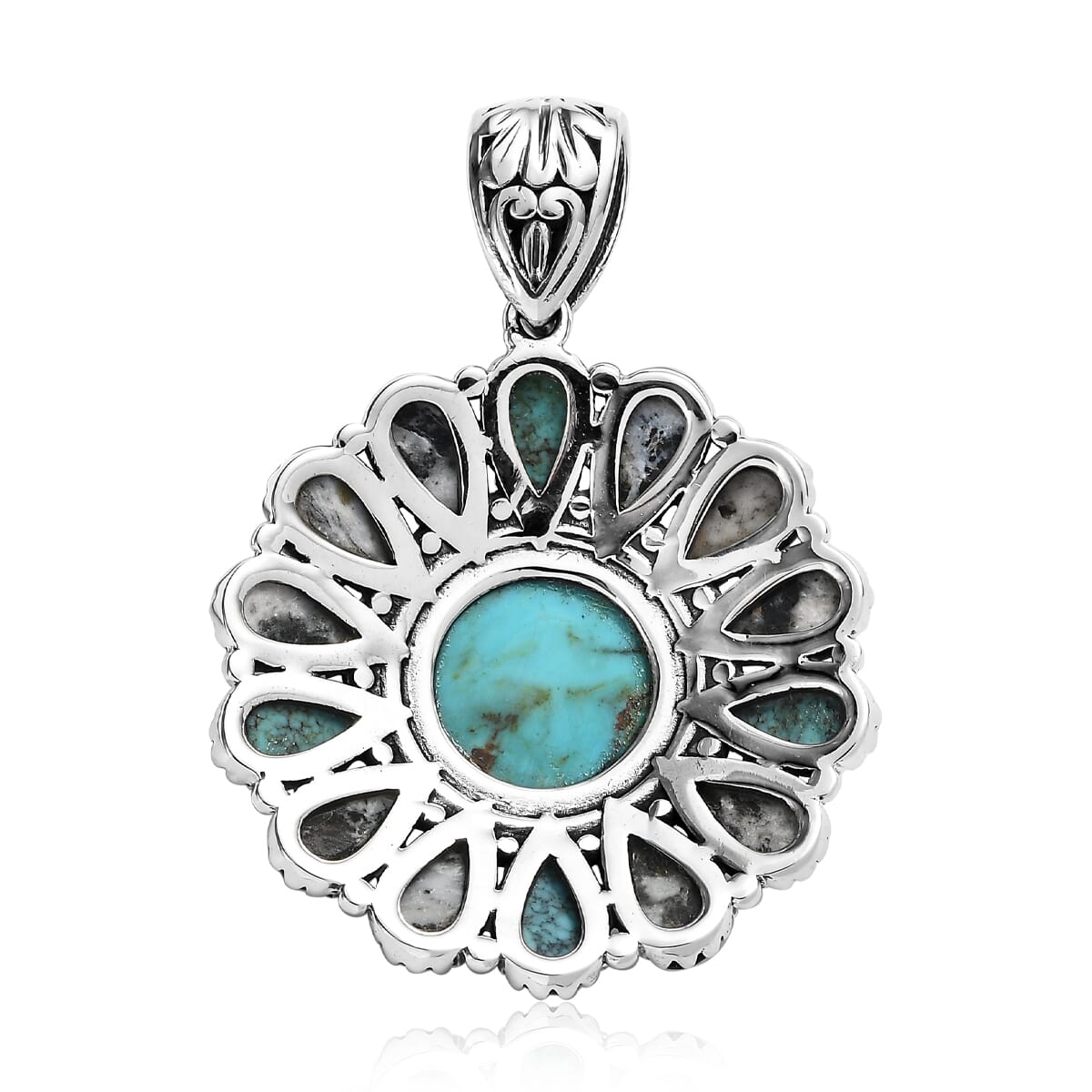 Artisan Crafted Blue Moon Turquoise and White Buffalo Floral Pendant in Sterling Silver 15.50 ctw image number 4