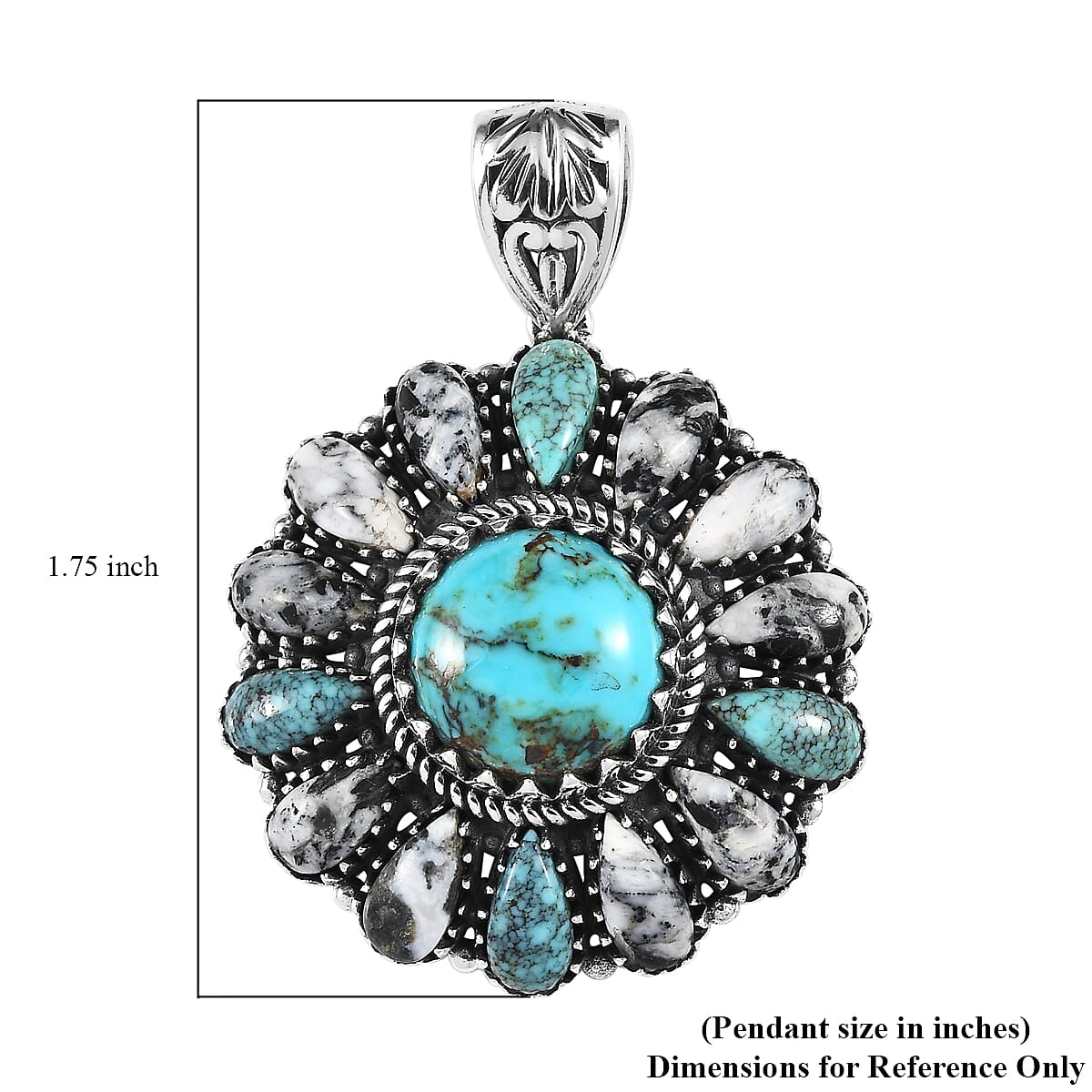 Artisan Crafted Blue Moon Turquoise and White Buffalo Floral Pendant in Sterling Silver 15.50 ctw