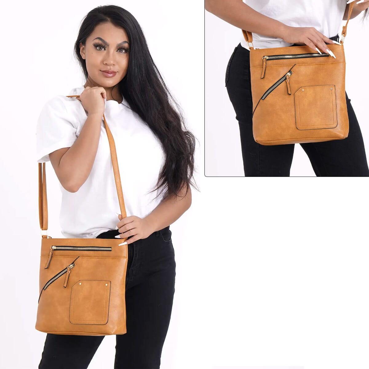 Brown Faux Leather Crossbody Bag (11.02"x2.95"x10.63") with Shoulder Strap 47" image number 1