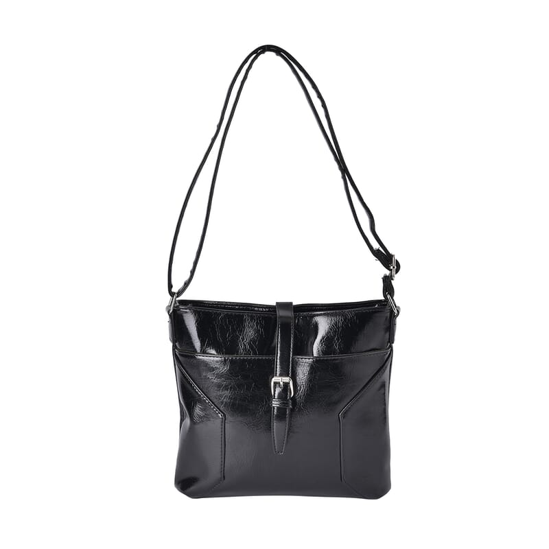 Black Faux Leather Crossbody Bag with Shoulder Strap