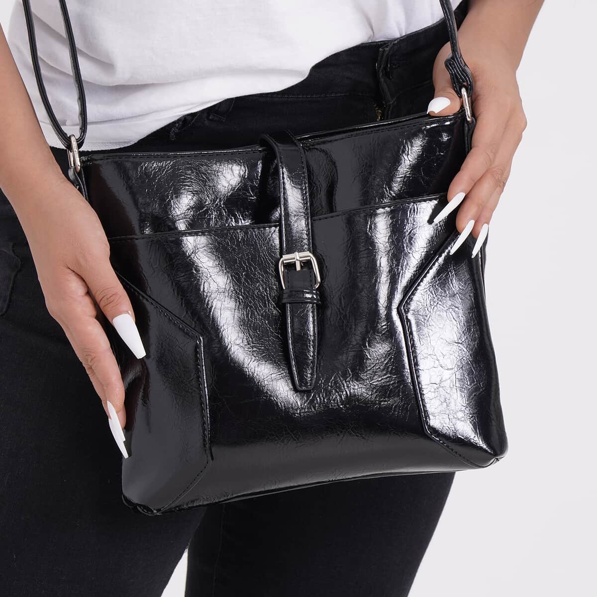 Black Faux Leather Crossbody Bag with Shoulder Strap image number 2