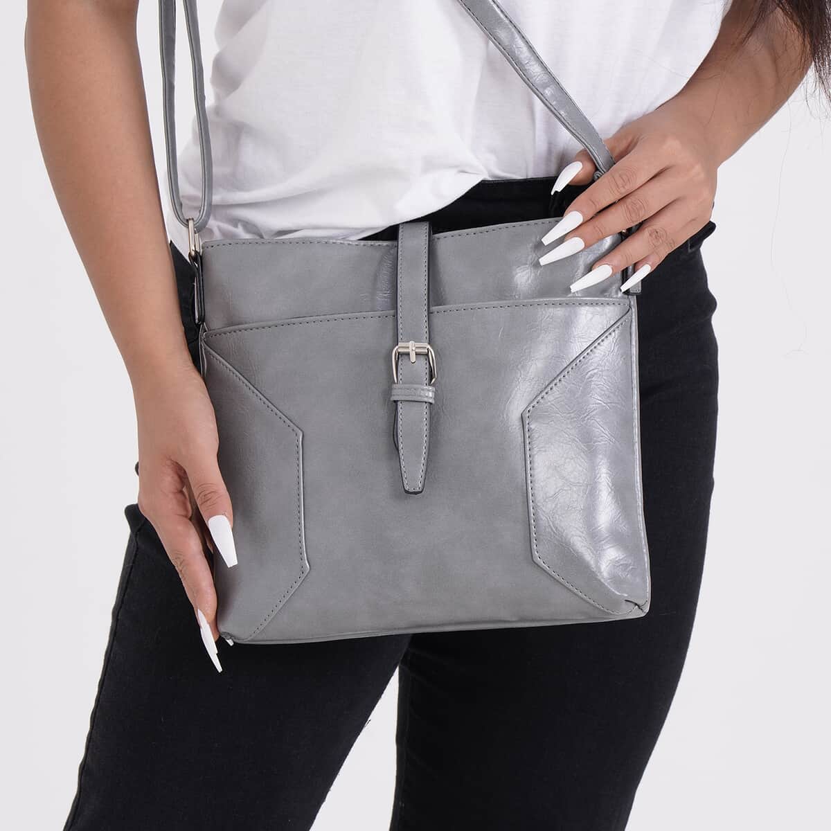 Grey Color Faux Leather Crossbody Bag with Shoulder Strap , Shop LC