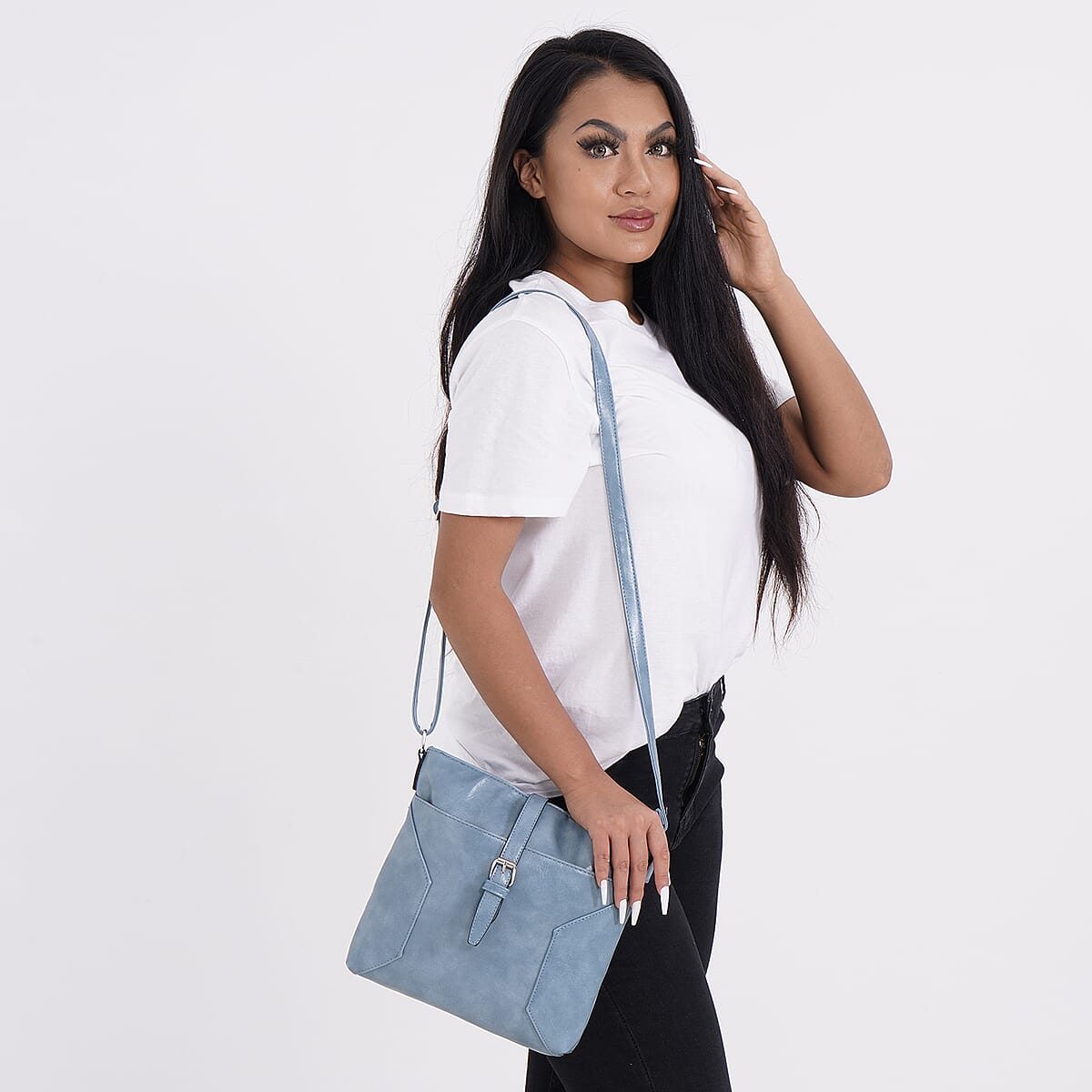 Teal Faux Leather Crossbody Bag with Shoulder Strap image number 1