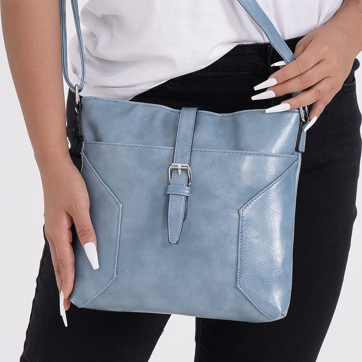 Teal Faux Leather Crossbody Bag with Shoulder Strap image number 2