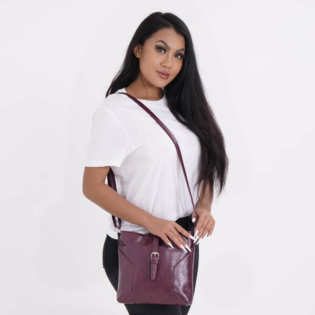 Burgundy Faux Leather Crossbody Bag with Shoulder Strap image number 1