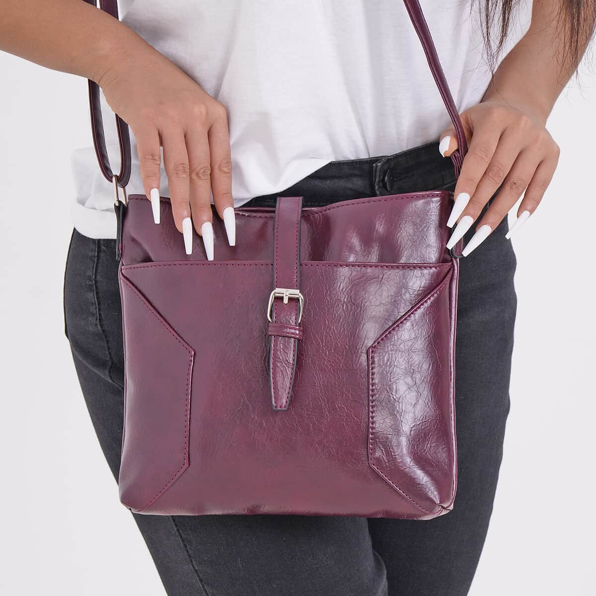 Burgundy Faux Leather Crossbody Bag with Shoulder Strap image number 2