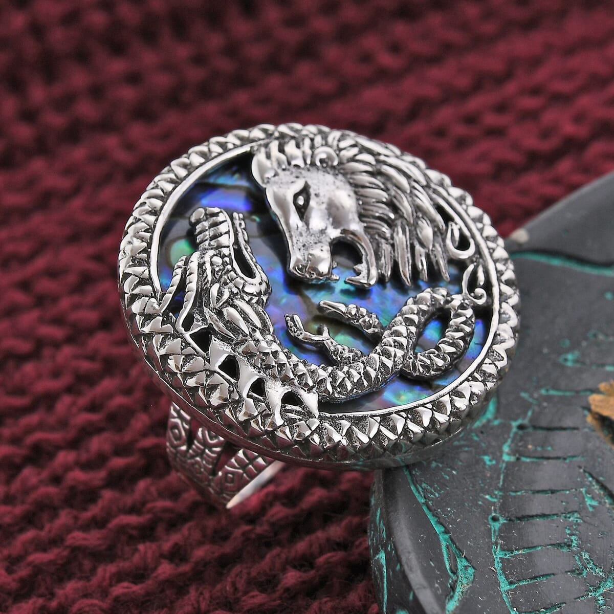 Bali Legacy Abalone Shell Lion and Dragon Ring in Sterling Silver (Size 10.0) image number 1