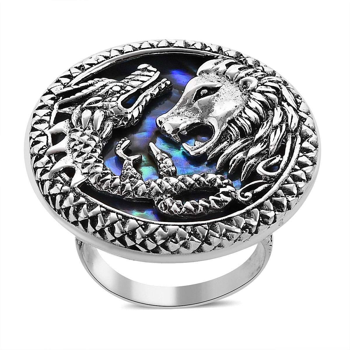 Bali Legacy Abalone Shell Lion and Dragon Ring in Sterling Silver (Size 11.0) image number 0