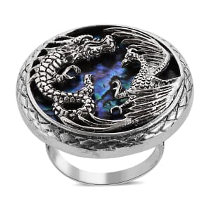 Bali Legacy Abalone Shell Dragon and Phoenix Ring in Sterling Silver (Size 11.0)
