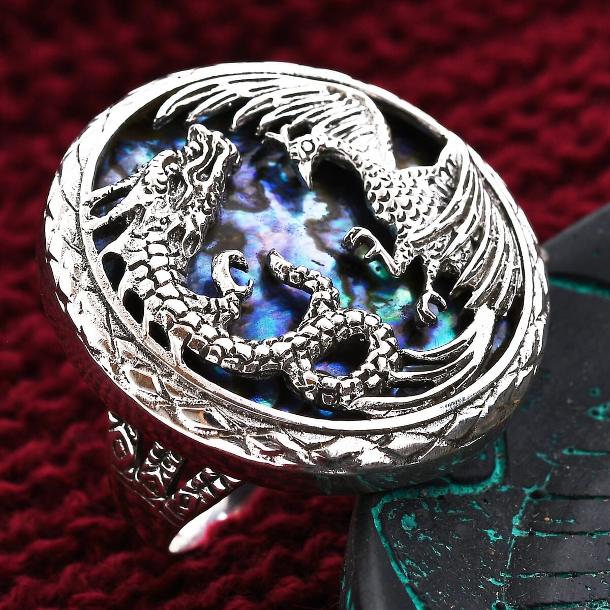Bali Legacy Abalone Shell Dragon and Phoenix Ring in Sterling Silver (Size 11.0) image number 1