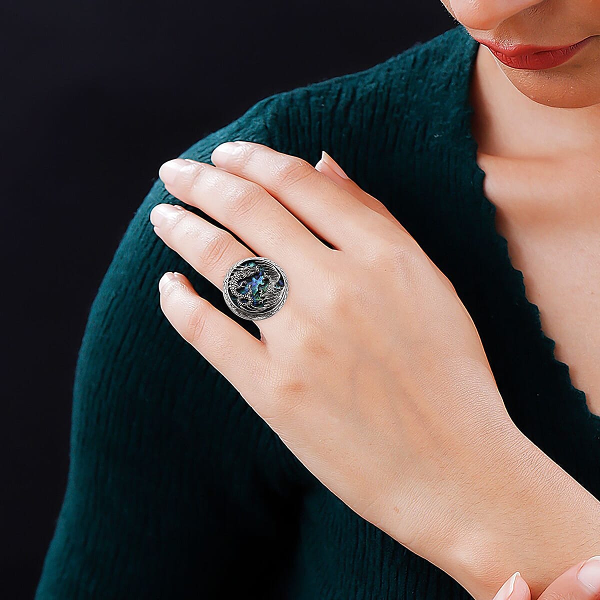 Bali Legacy Abalone Shell Dragon and Phoenix Ring in Sterling Silver (Size 7.0) image number 2