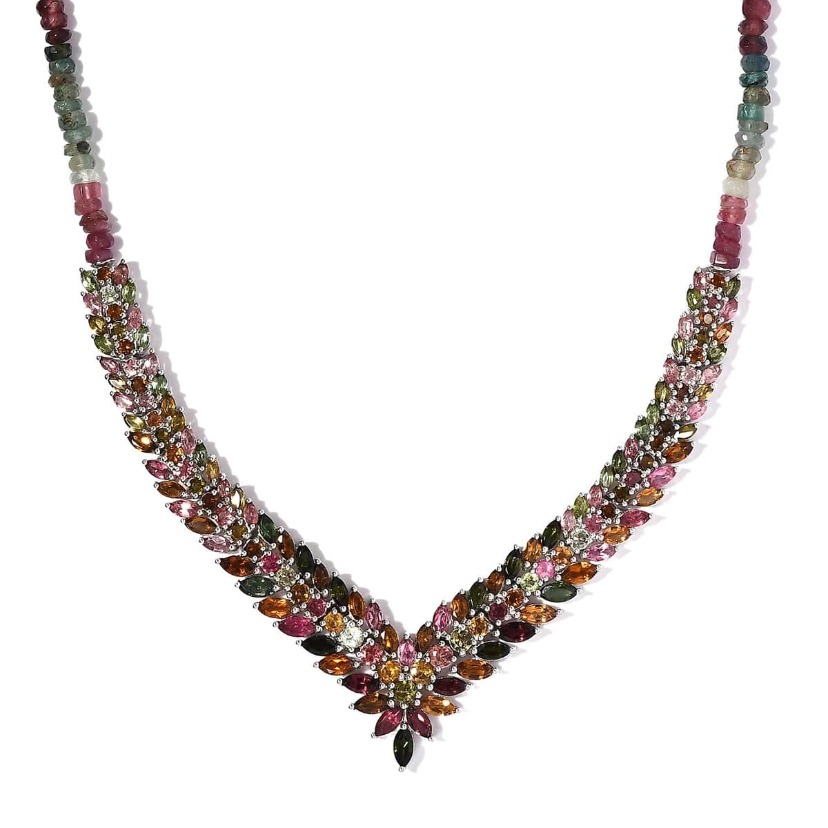 Multi-Tourmaline V-Shape Necklace 20 Inches in Platinum Over Sterling Silver 76.10 ctw image number 0