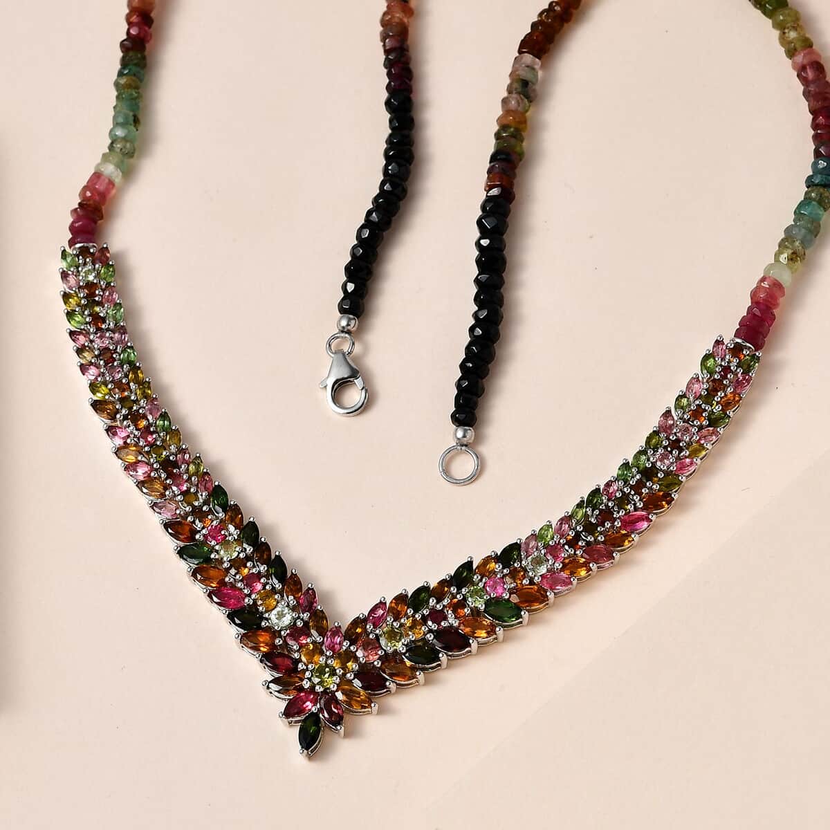 Multi-Tourmaline V-Shape Necklace 20 Inches in Platinum Over Sterling Silver 76.10 ctw image number 1