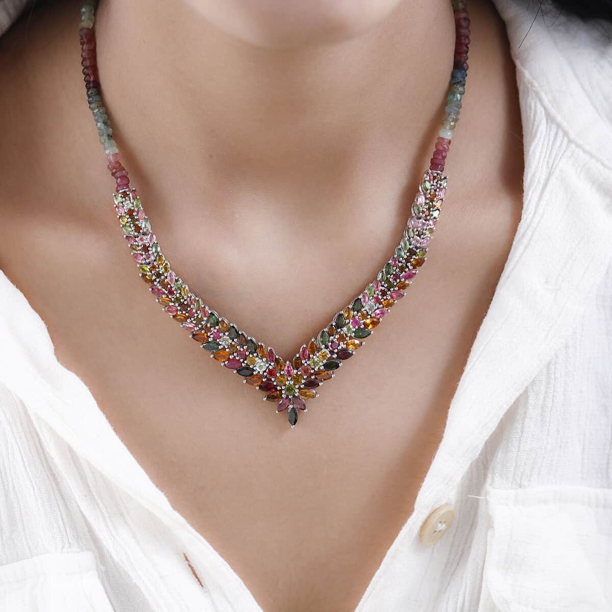 Multi-Tourmaline V-Shape Necklace 20 Inches in Platinum Over Sterling Silver 76.10 ctw image number 2