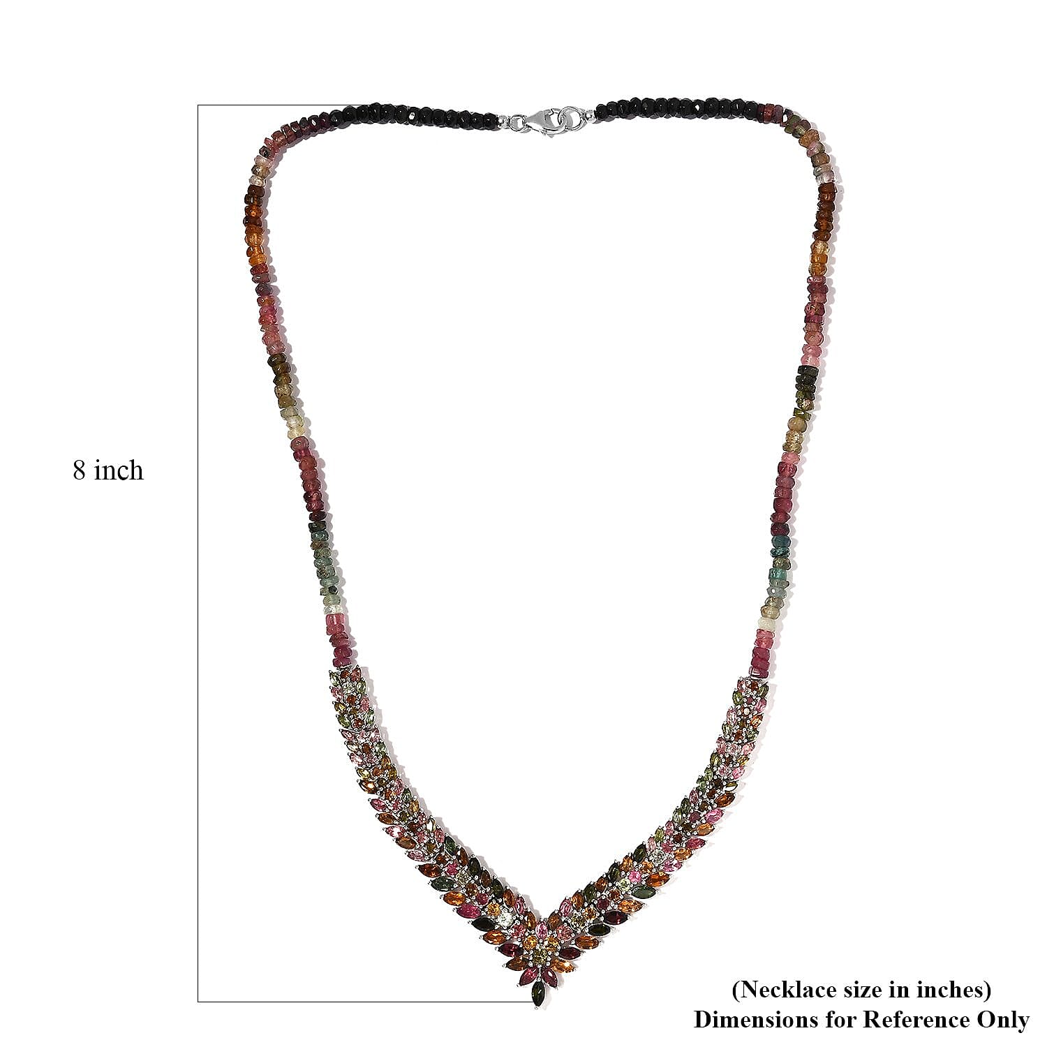 Multi-Tourmaline V-Shape Necklace 20 Inches in Platinum Over Sterling Silver 76.10 ctw