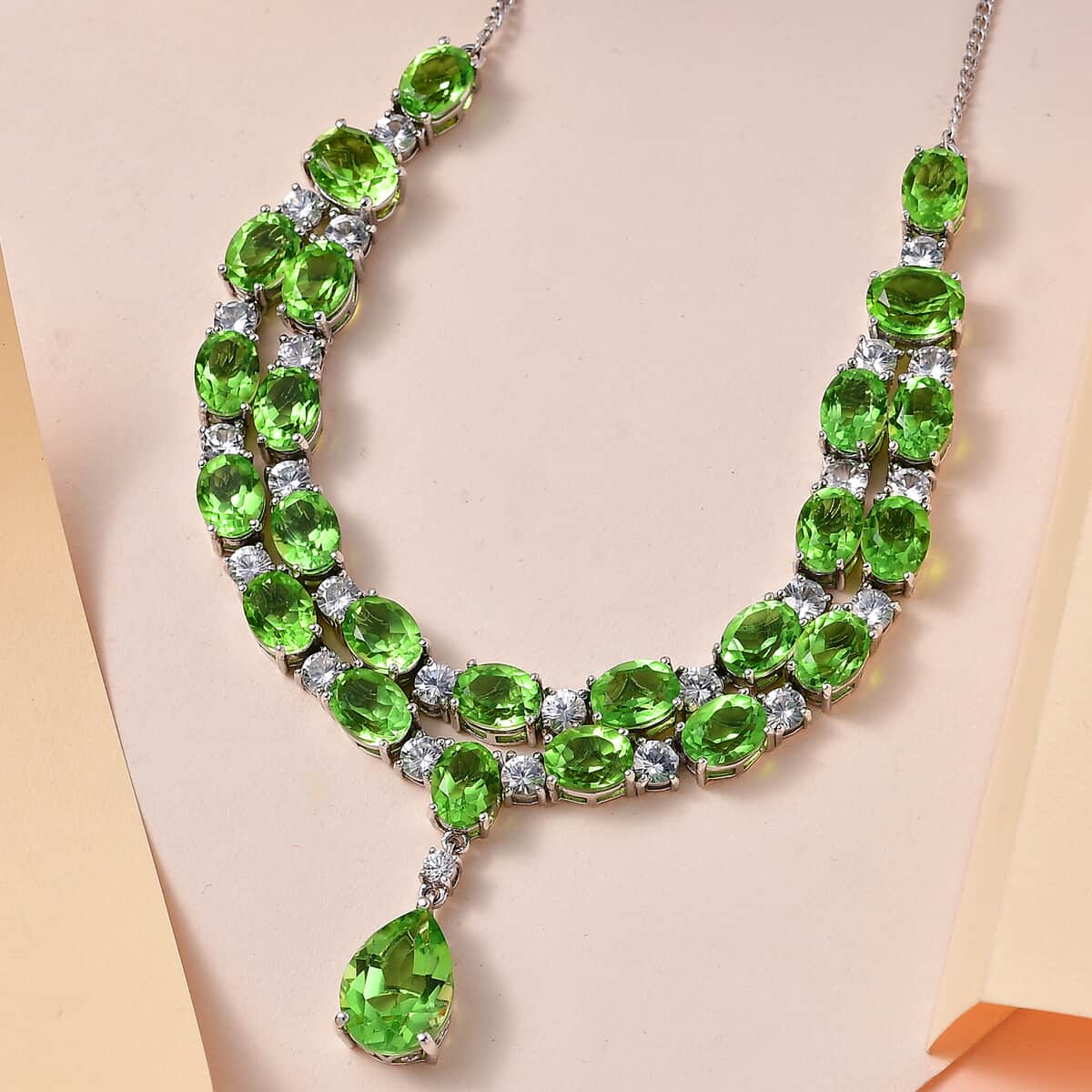 Chartreuse Quartz (Triplet) and White Zircon Necklace 18-20 Inches in Platinum Over Sterling Silver 53.00 ctw image number 1