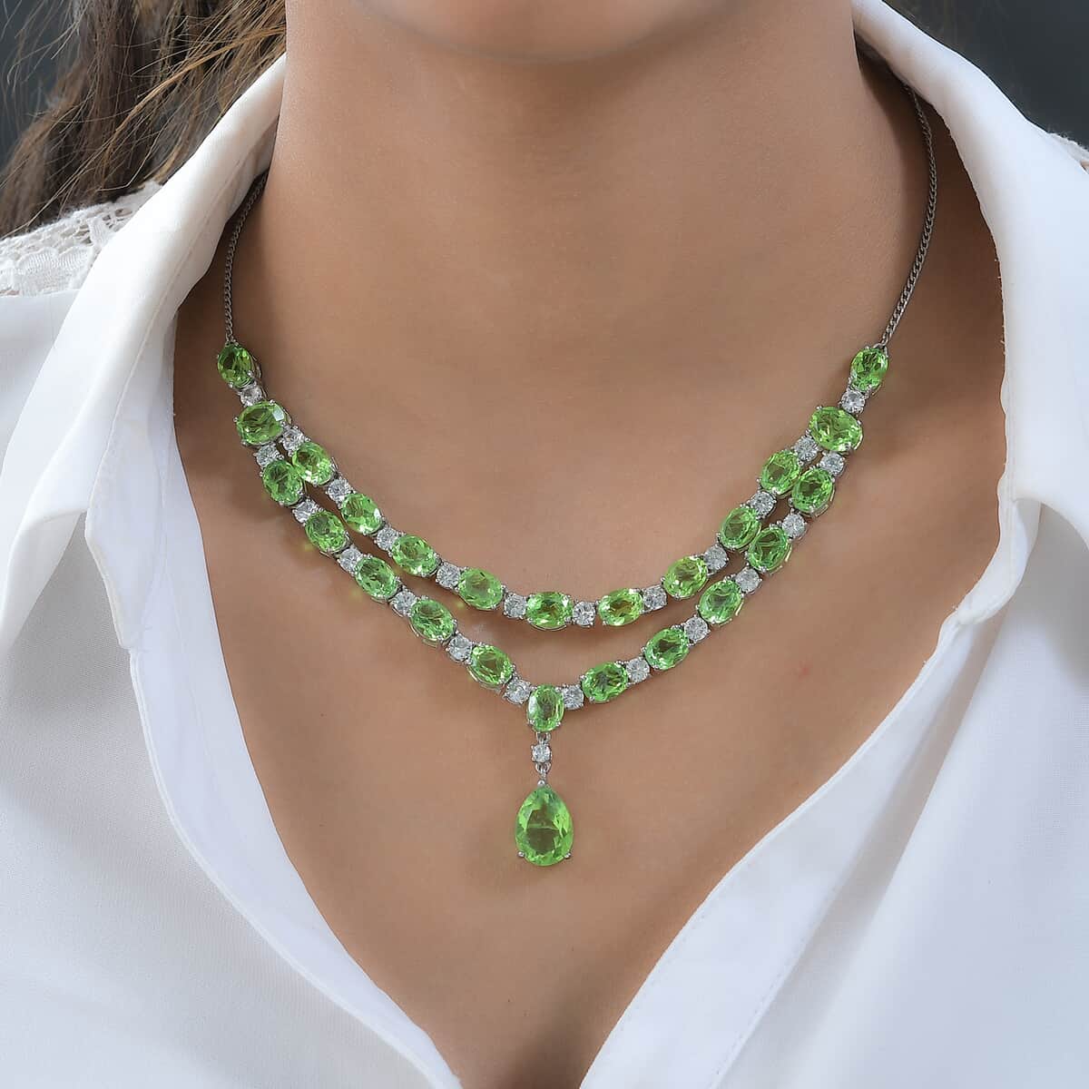 Chartreuse Quartz (Triplet) and White Zircon Necklace 18-20 Inches in Platinum Over Sterling Silver 53.00 ctw image number 2