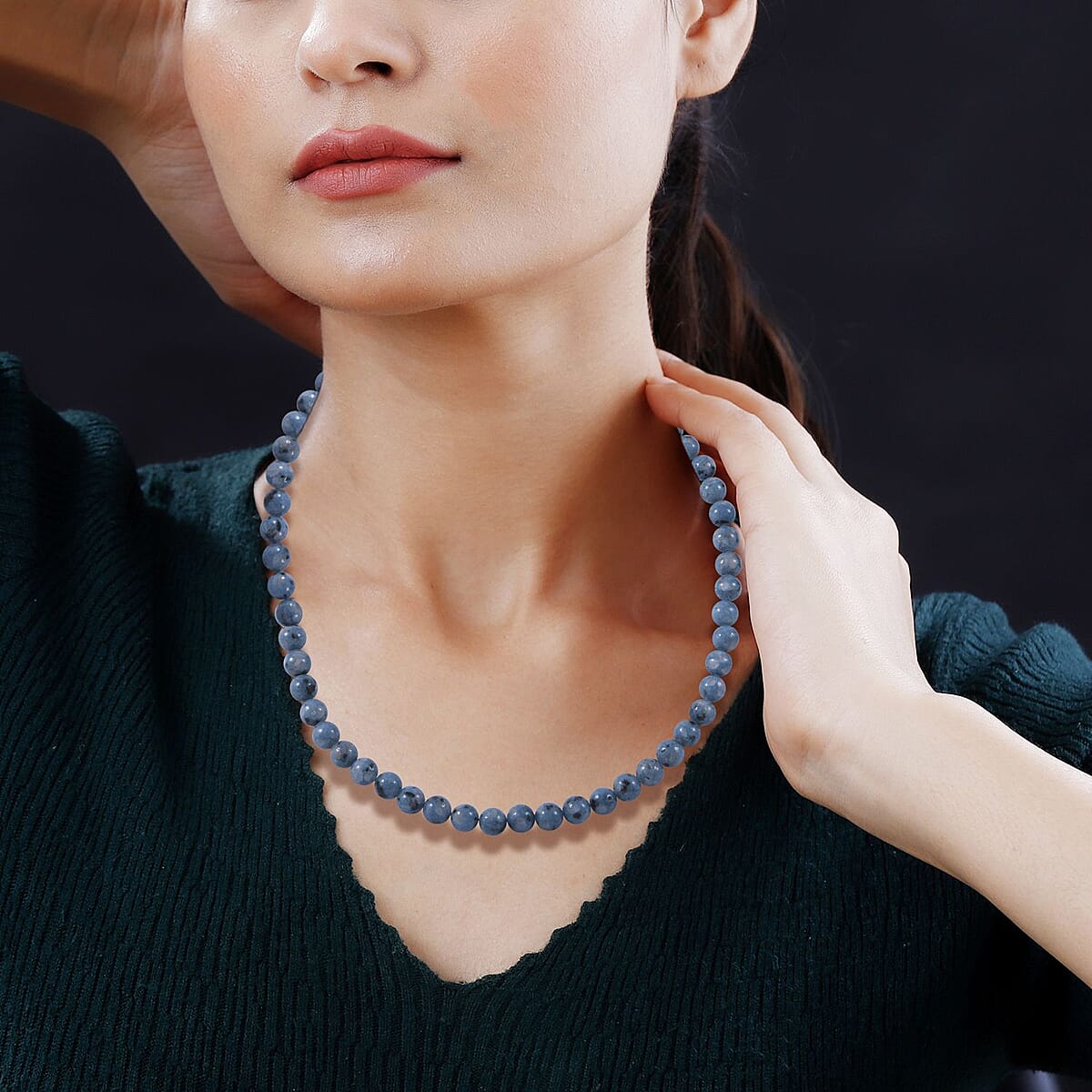 Blue Jasper 8mm Beaded Necklace 18 Inches in Rhodium Over Sterling Silver 250.00 ctw image number 1