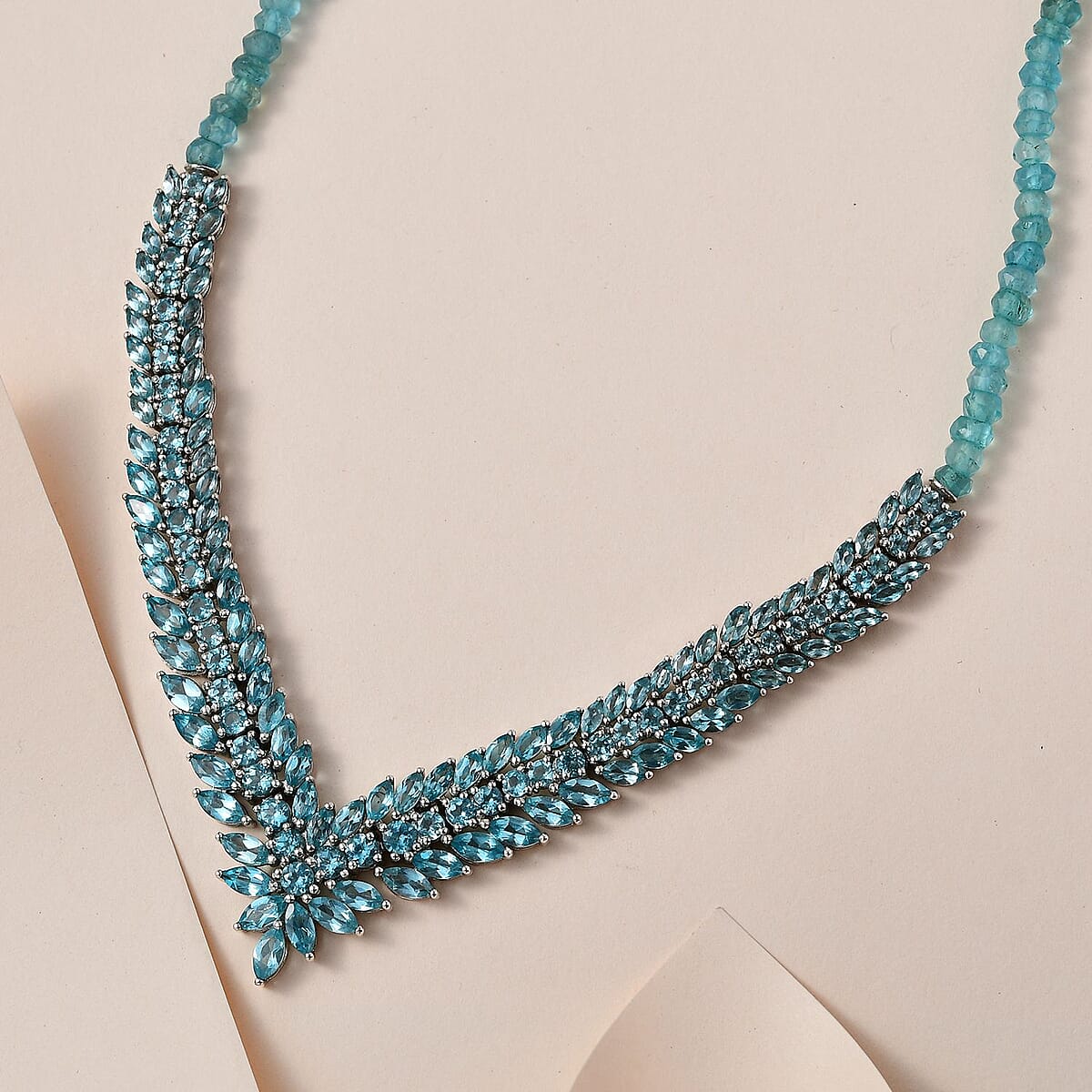 Madagascar Paraiba Apatite V-Shape Necklace 20 Inches in Platinum Over Sterling Silver 78.50 ctw image number 1