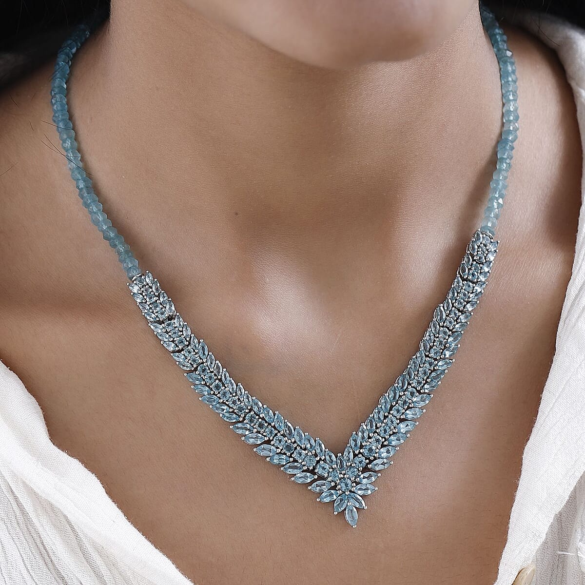 Madagascar Paraiba Apatite V-Shape Necklace 20 Inches in Platinum Over Sterling Silver 78.50 ctw image number 2