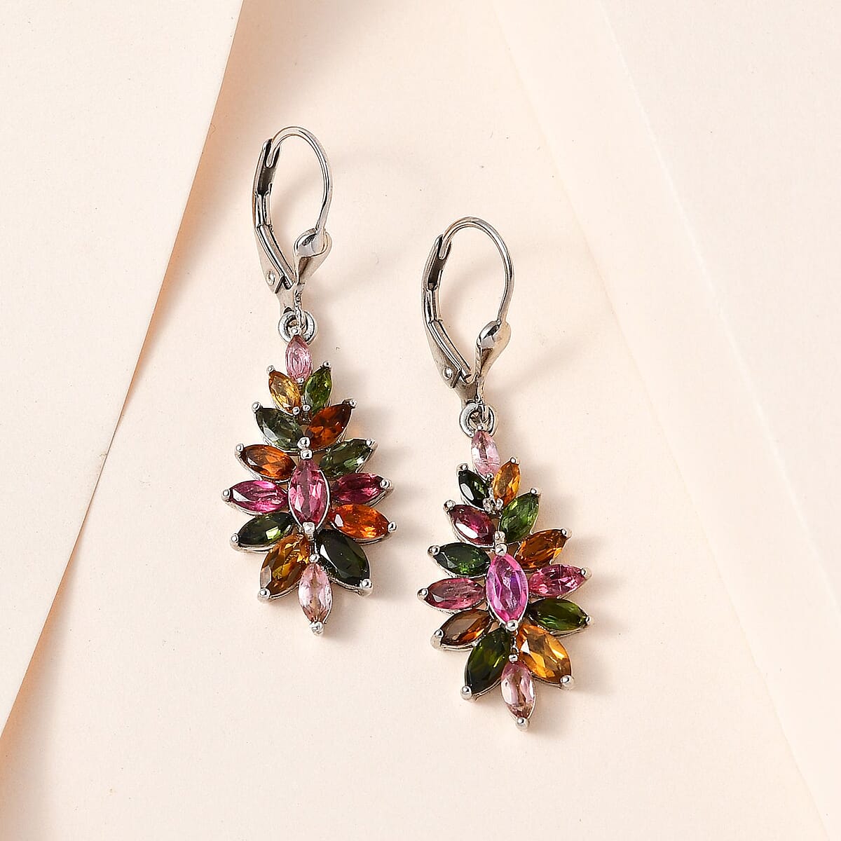 Multi-Tourmaline Floral Lever Back Earrings in Platinum Over Sterling Silver 4.25 ctw image number 1