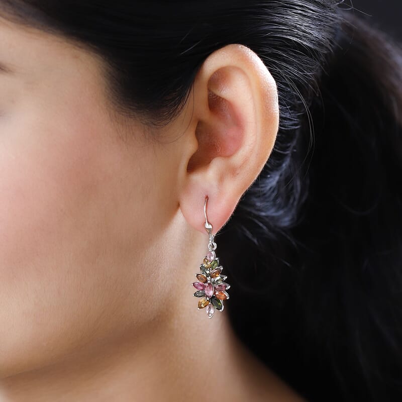 Multi-Tourmaline Floral Lever Back Earrings in Platinum Over Sterling Silver 4.25 ctw