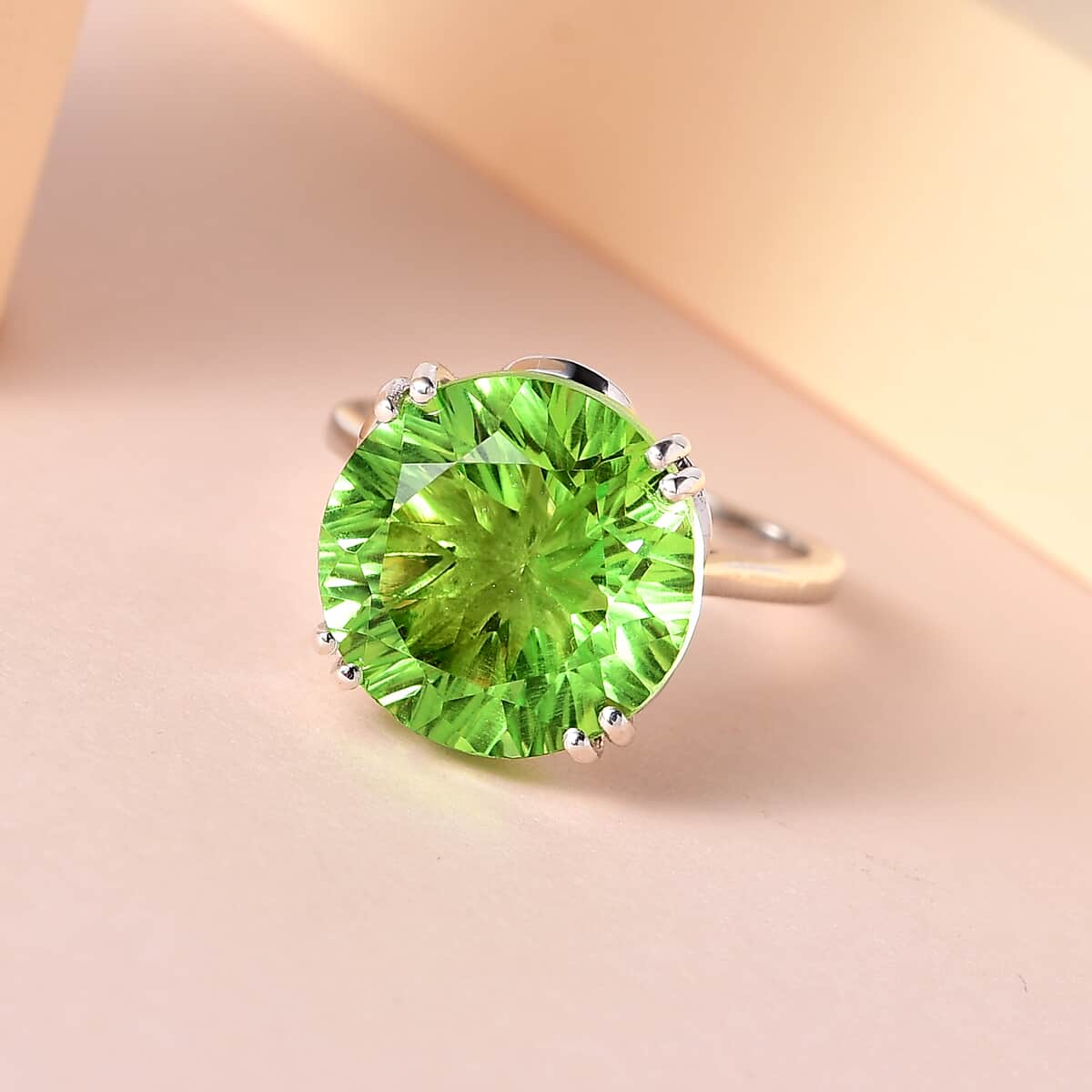 Concave Cut Chartreuse Quartz (Triplet) and White Zircon Ring in Platinum Over Sterling Silver 10.10 ctw image number 1