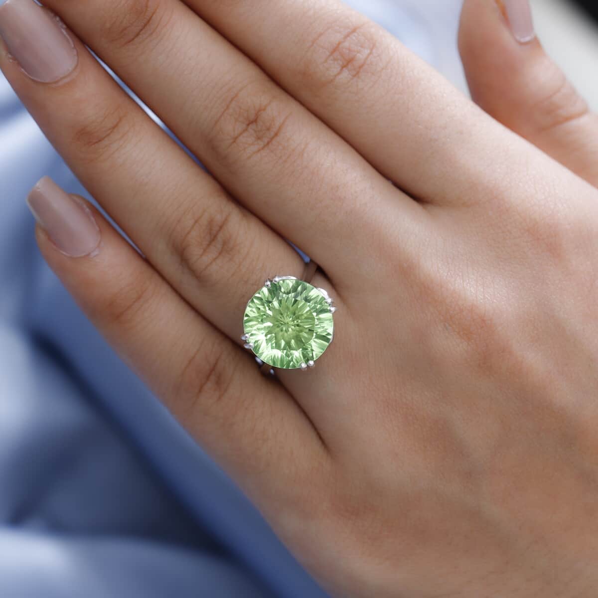 Concave Cut Chartreuse Quartz (Triplet) and White Zircon Ring in Platinum Over Sterling Silver 10.10 ctw image number 2