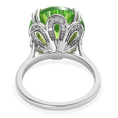 Concave Cut Chartreuse Quartz (Triplet) and White Zircon Ring in Platinum Over Sterling Silver (Size 9.0) 10.10 ctw