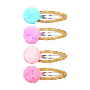 Gold Glitter Hair Clips with Multicolor Pom Pom Accents