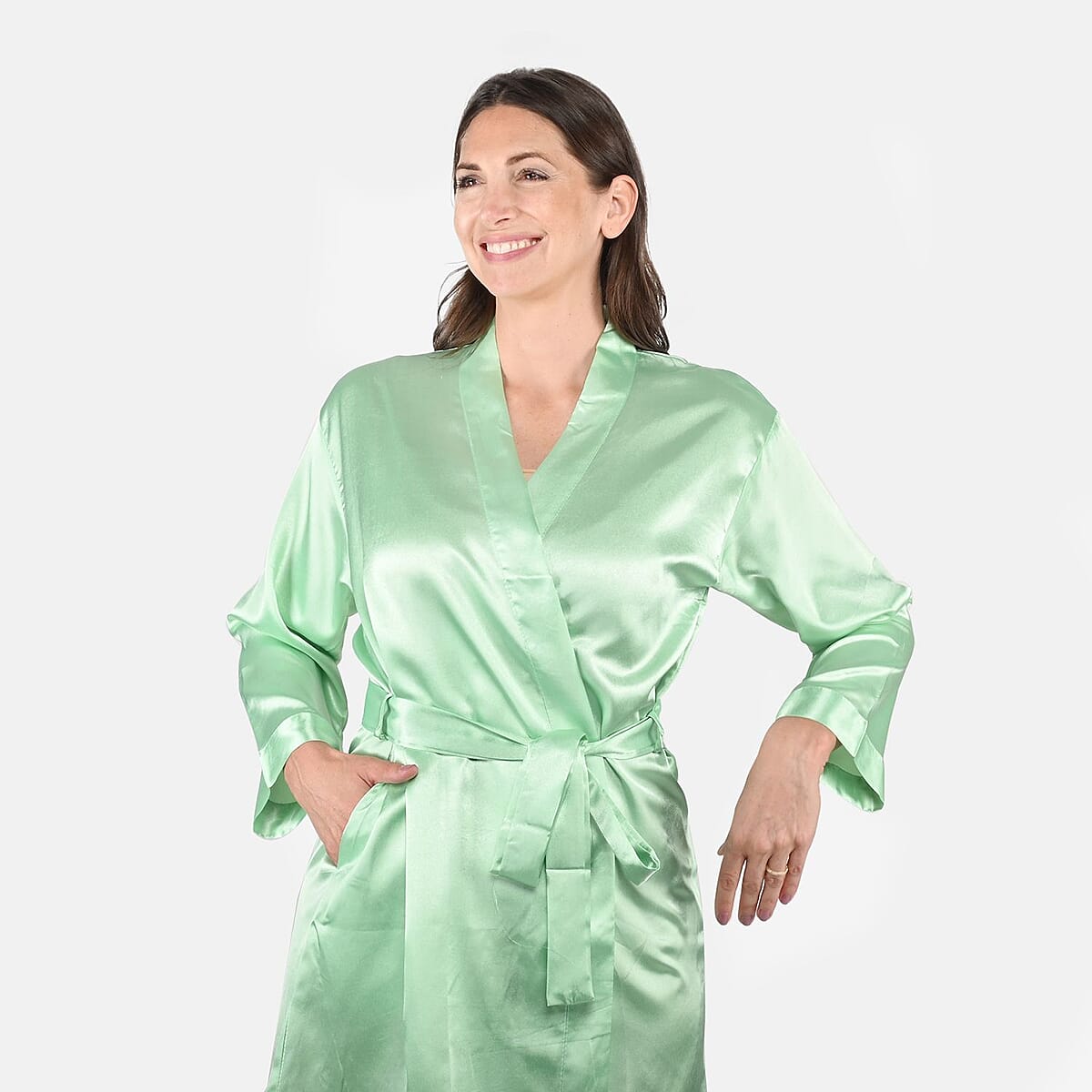 UP 2Date Fashion Green Satin Robe - M image number 3