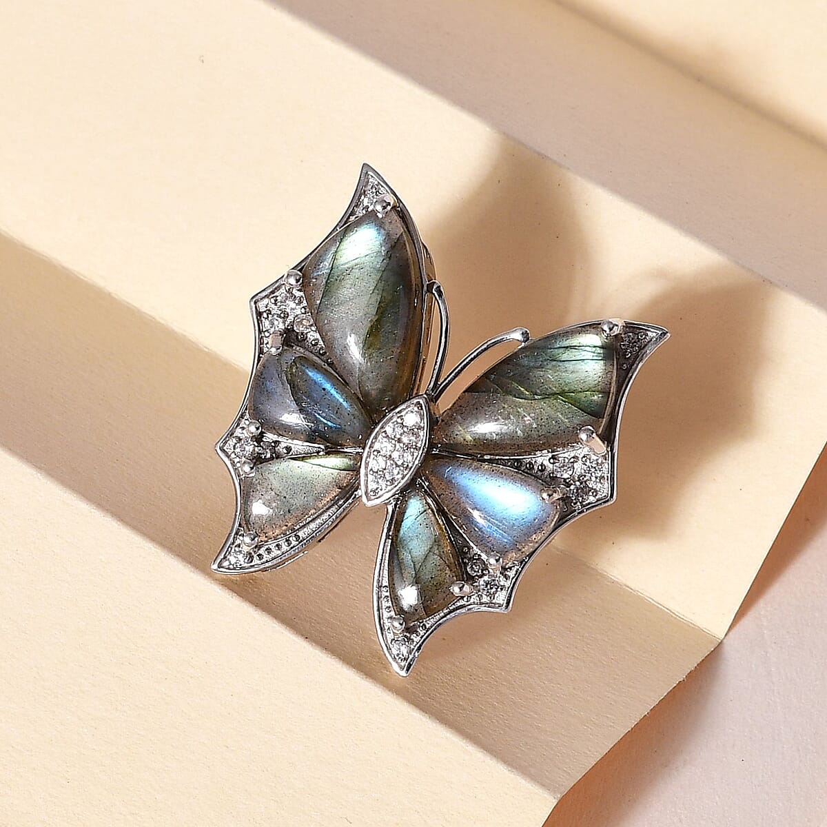 GP Italian Garden Collection Premium Malagasy Labradorite and White Zircon Butterfly Ring in Platinum Over Sterling Silver 14.25 ctw image number 1