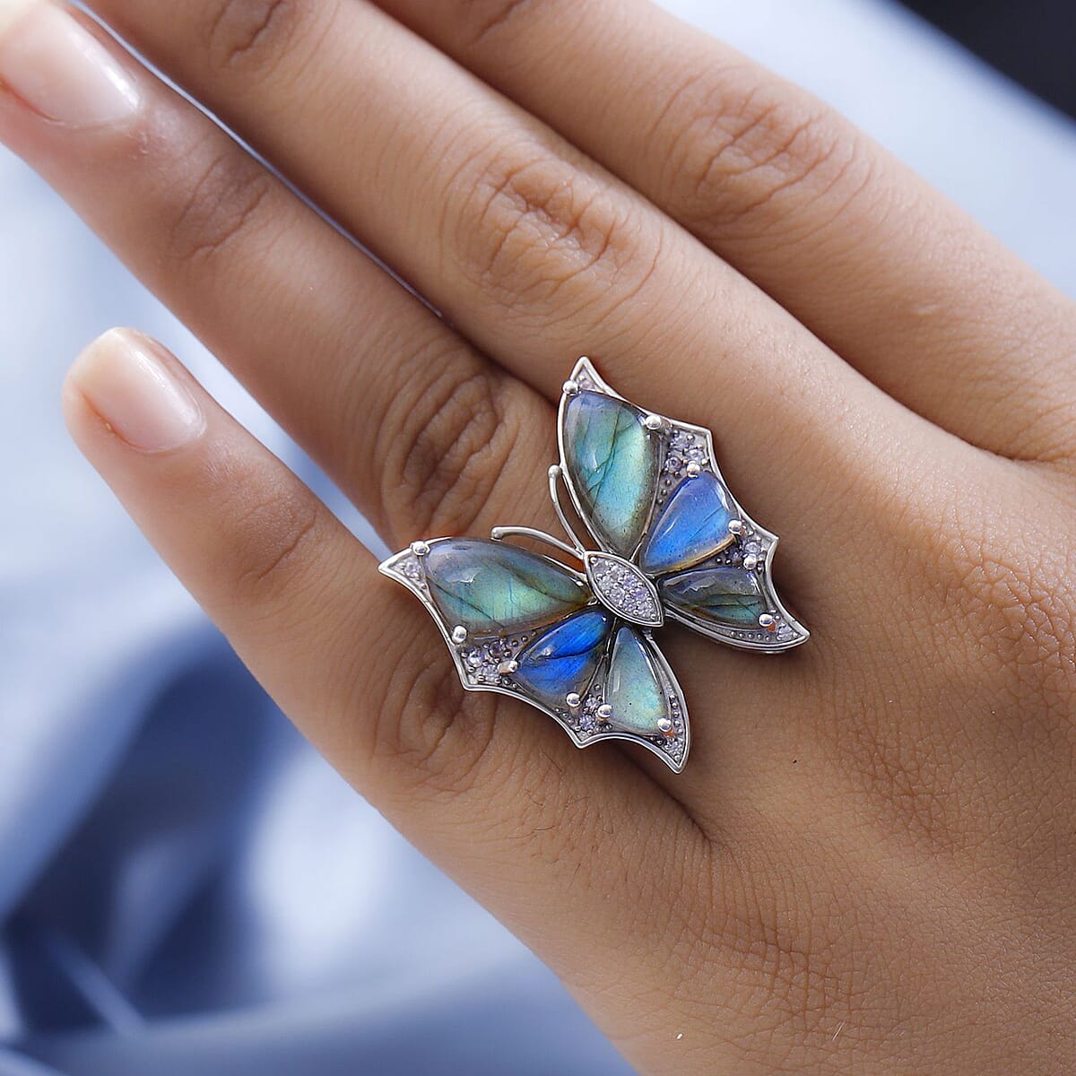 GP Italian Garden Collection Premium Malagasy Labradorite and White Zircon Butterfly Ring in Platinum Over Sterling Silver 14.25 ctw image number 2