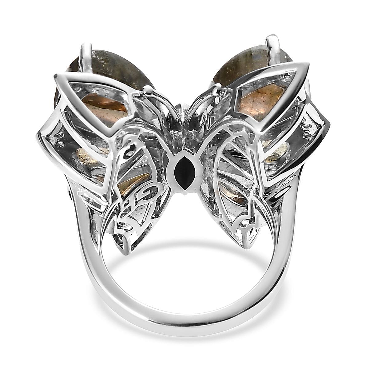 GP Italian Garden Collection Premium Malagasy Labradorite and White Zircon Butterfly Ring in Platinum Over Sterling Silver 14.25 ctw image number 4
