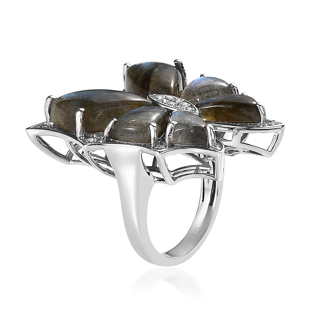 GP Italian Garden Collection Premium Malagasy Labradorite and White Zircon Butterfly Ring in Platinum Over Sterling Silver (Size 6.0) 14.25 ctw image number 3