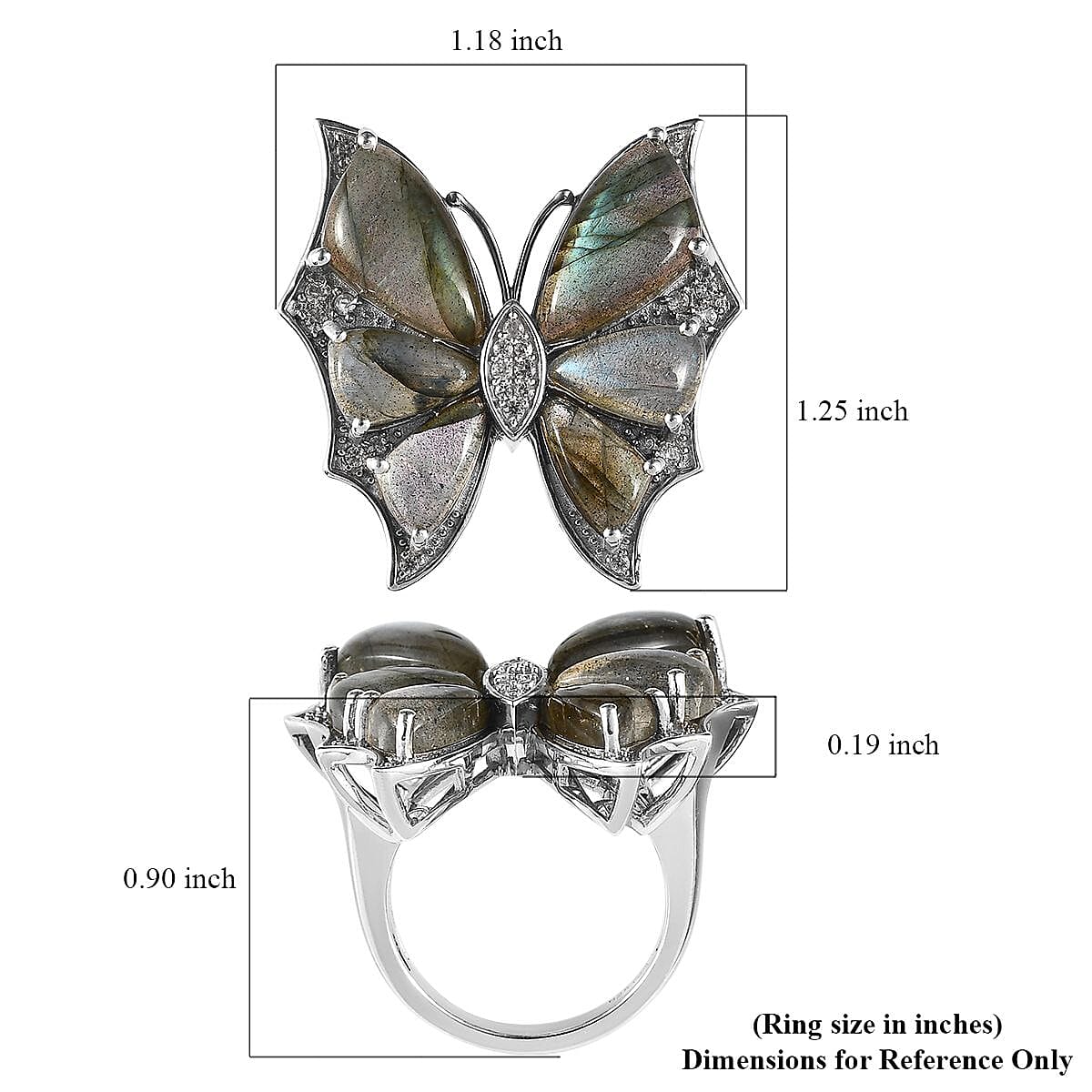 GP Italian Garden Collection Premium Malagasy Labradorite and White Zircon Butterfly Ring in Platinum Over Sterling Silver (Size 6.0) 14.25 ctw image number 5