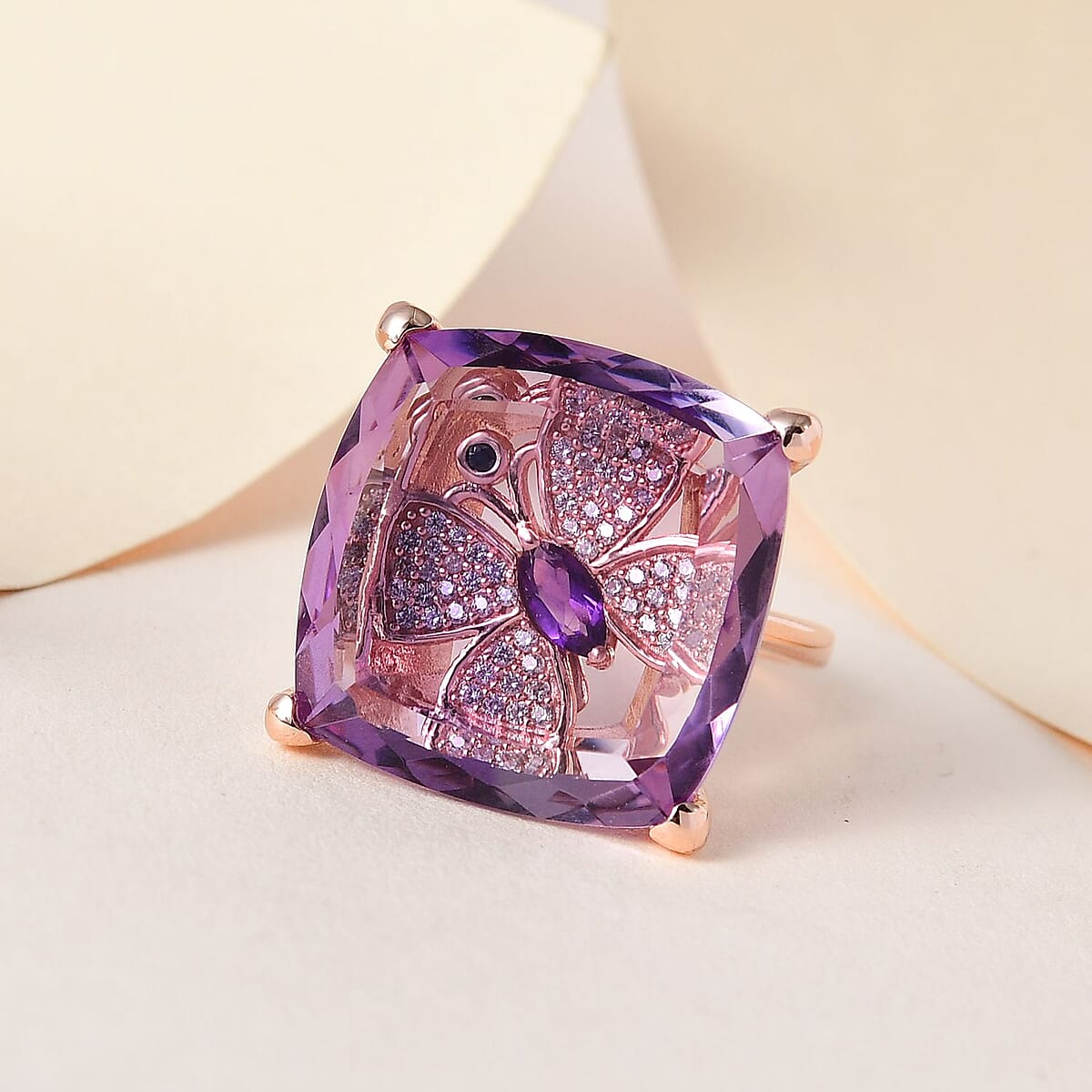 GP Italian Garden Collection Rose De France Amethyst, White Zircon Ring in Vermeil RG Over Sterling Silver (Size 10.0) 28.25 ctw (Del. in 7-10 Days) image number 1