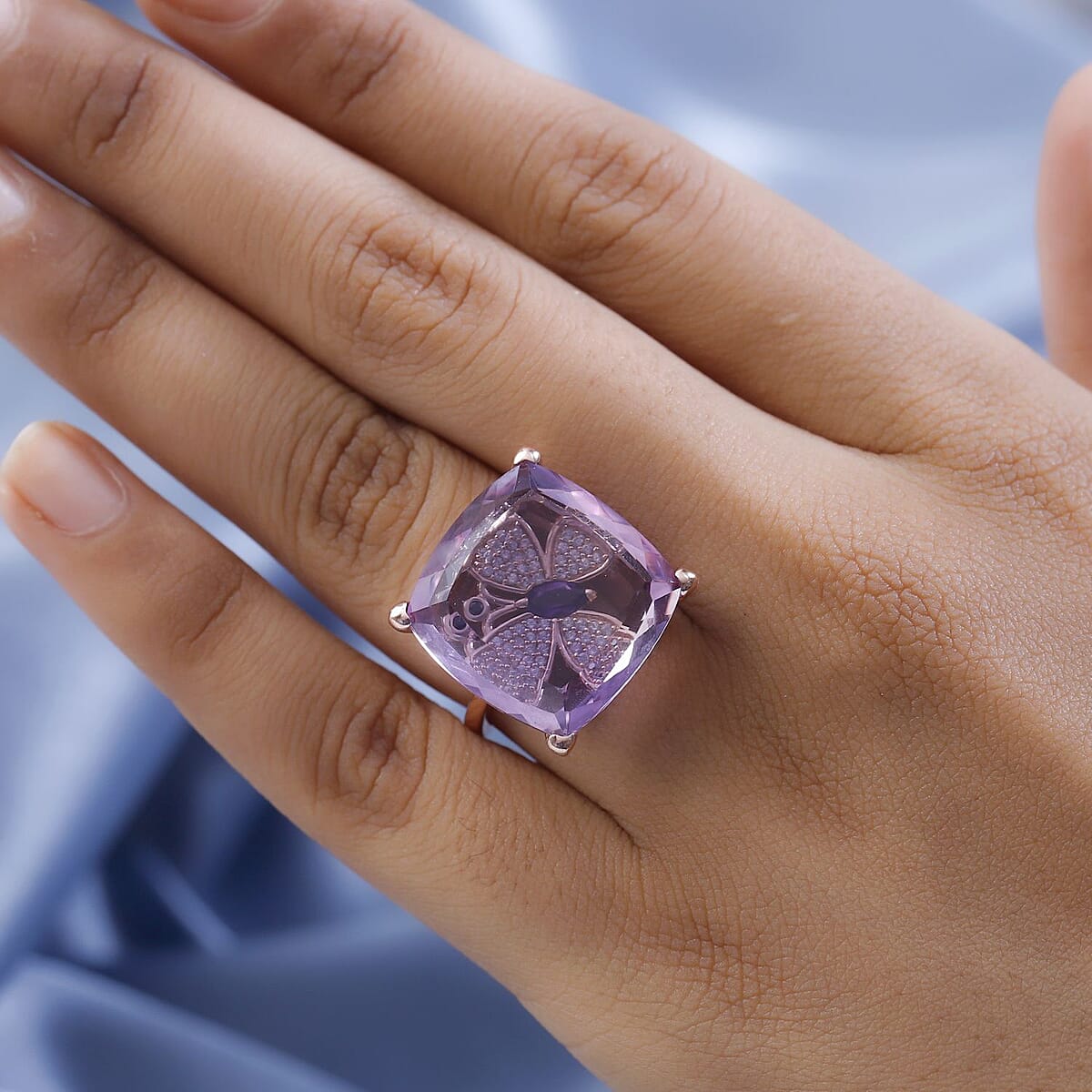 GP Italian Garden Collection Rose De France Amethyst and White Zircon Ring in Vermeil Rose Gold Over Sterling Silver (Size 6.0) 28.25 ctw image number 2