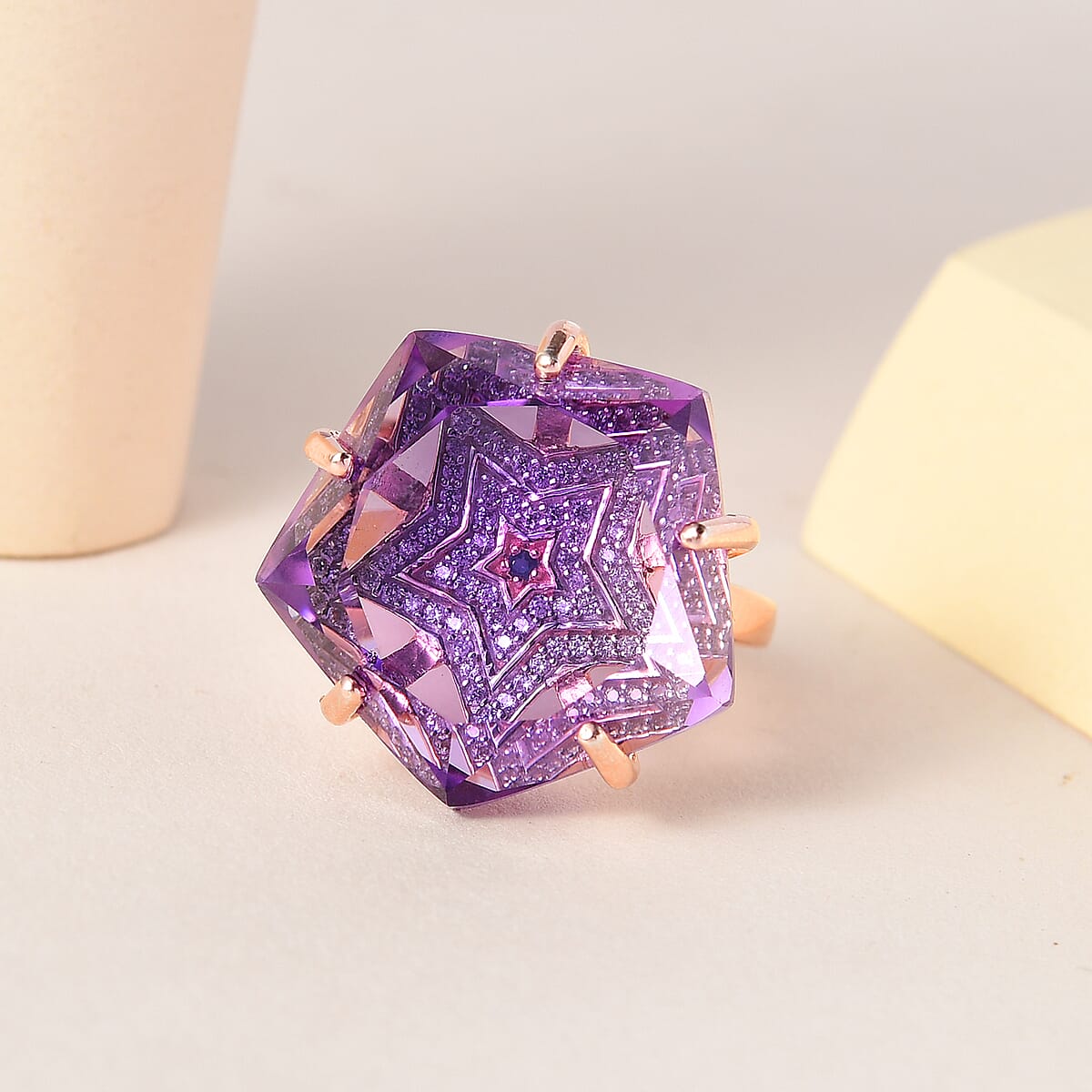GP Celestial Dream Collection Rose De France Amethyst and White Zircon Star Ring in Vermeil Rose Gold Over Sterling Silver (Size 7.0) 34.10 ctw image number 1
