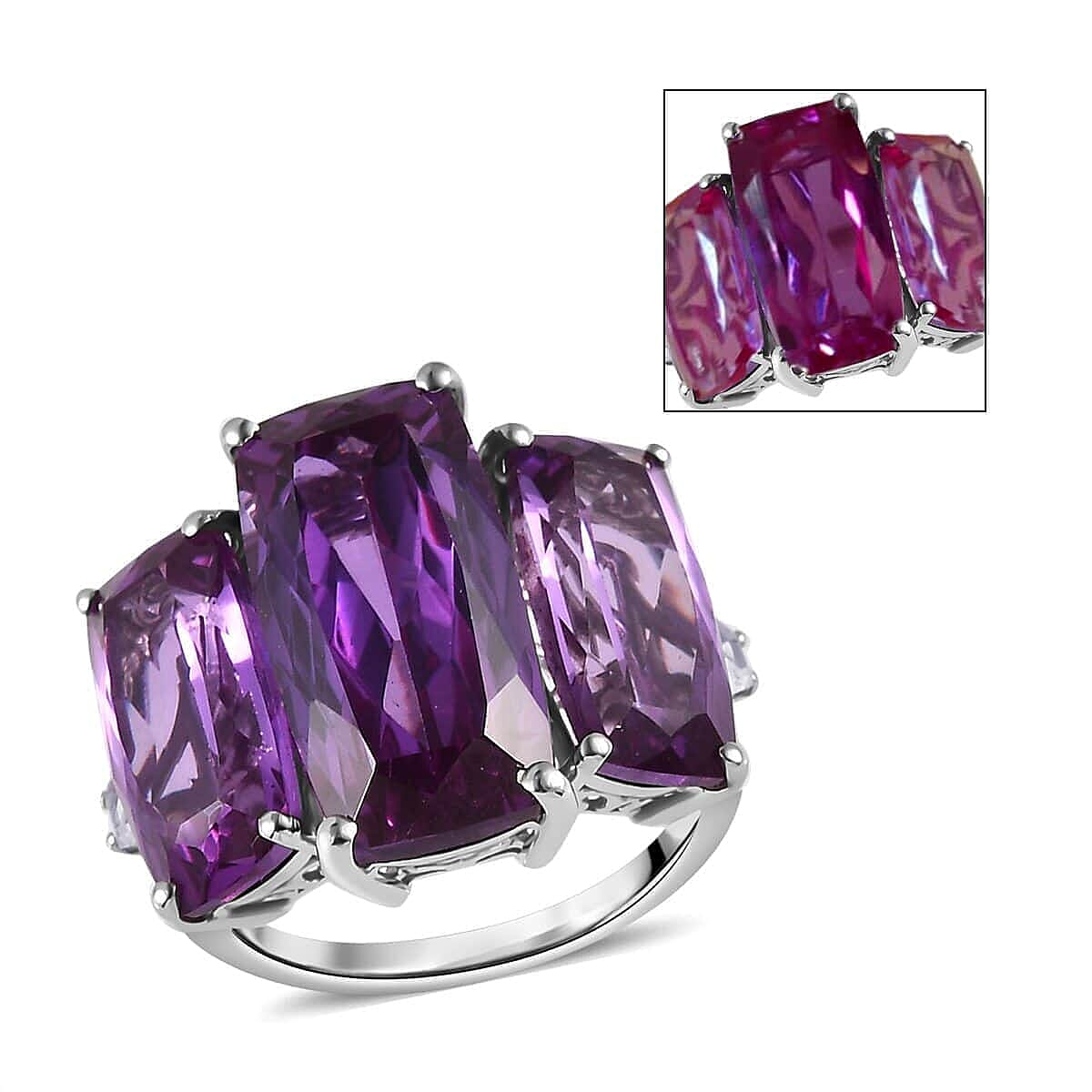 Lab Grown Color Change Sapphire, White Zircon Ring in Platinum Over Sterling Silver (Size 10.0) 23.60 ctw image number 0