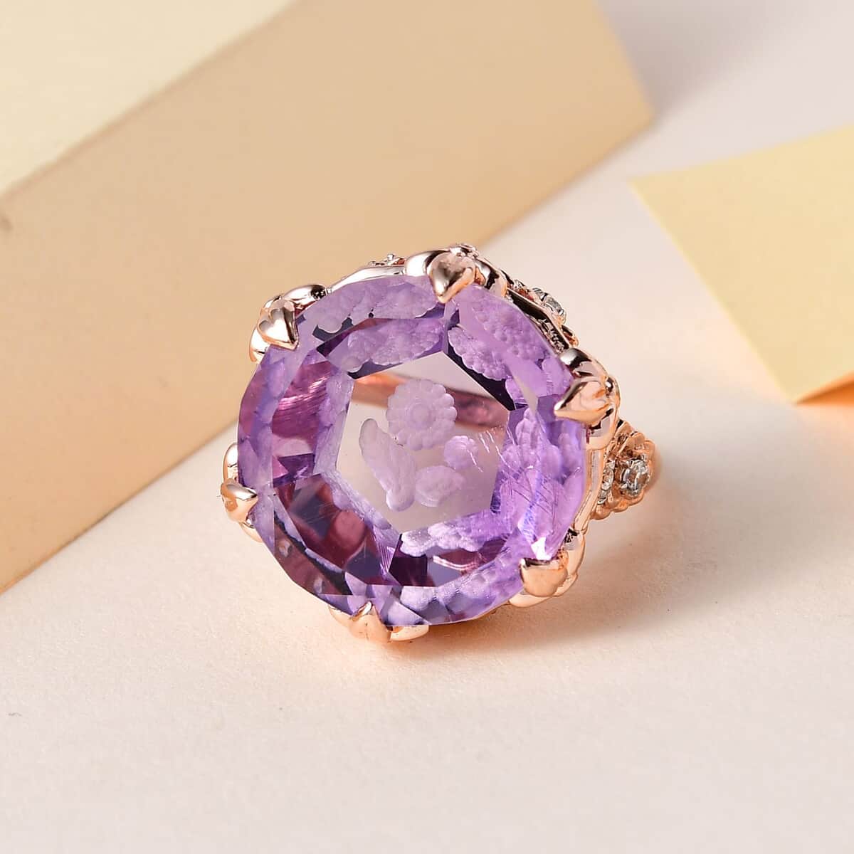 GP Italian Garden Collection Rose De France Amethyst and White Zircon Ring in Vermeil Rose Gold Over Sterling Silver 22.35 ctw image number 1