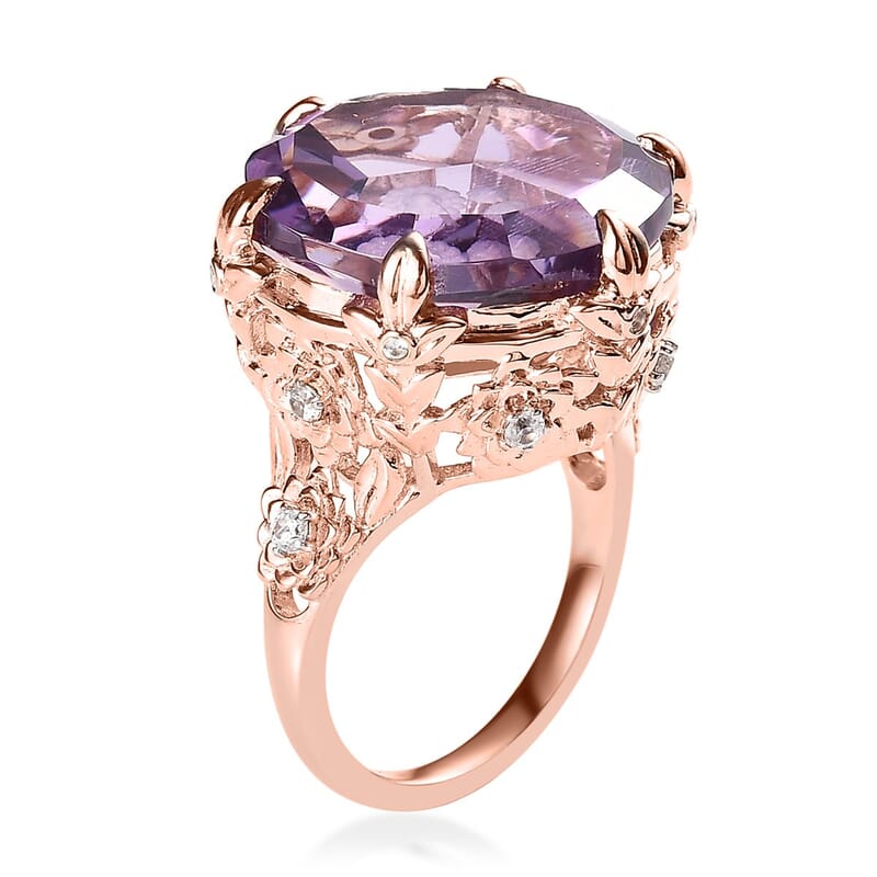 GP Italian Garden Collection Rose De France Amethyst and White Zircon Ring in Vermeil Rose Gold Over Sterling Silver (Size 10.0) 22.35 ctw
