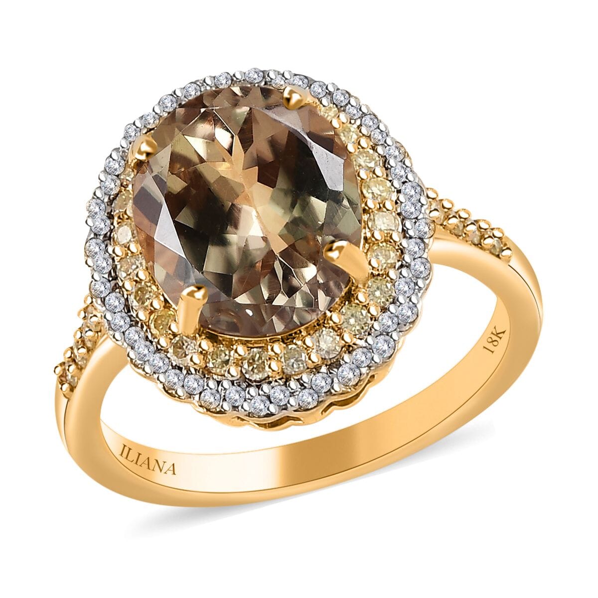Iliana 18K Yellow Gold AAA Turkizite, SI Natural Yellow and White Diamond Double Halo Ring 4.10 Grams 4.60 ctw image number 0